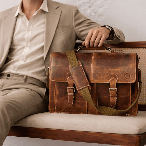 Phoenix Leather Briefcase - Caramel Brown - Aaron Leather Goods
