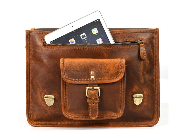 Ancona Leather Office Bag 15" - Caramel Brown - Aaron Leather Goods