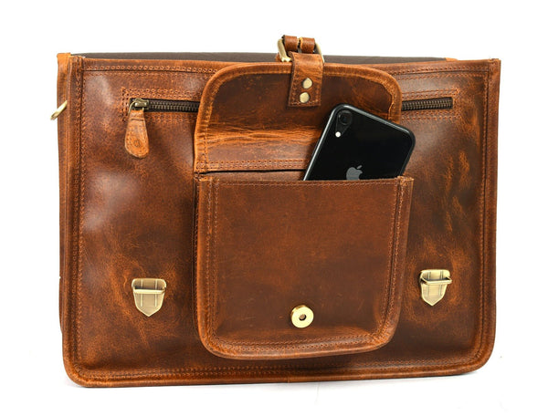 Ancona Leather Office Bag 15" - Caramel Brown - Aaron Leather Goods