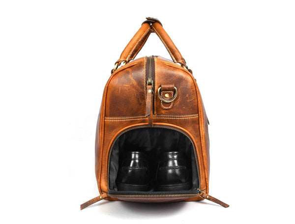 Arezzo Leather Overnight Bag - Caramel Brown - Aaron Leather Goods