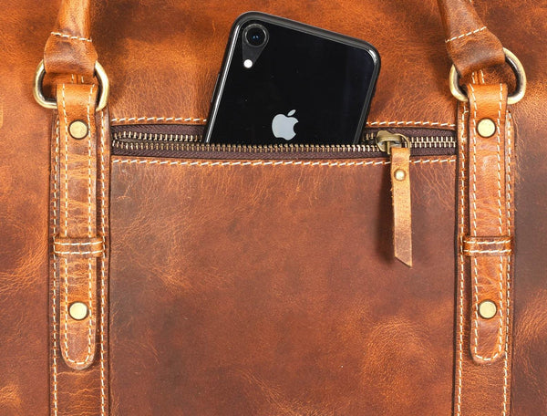 Arezzo Leather Overnight Bag - Caramel Brown - Aaron Leather Goods