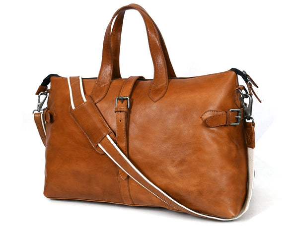 Timeless Leather Weekender Bag with Top Handles - Tan - Aaron Leather Goods Inc