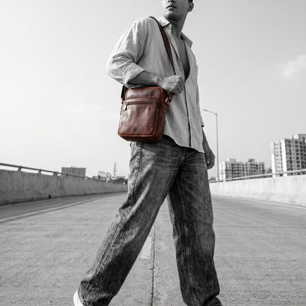 Venture Leather Messenger Bag - Brown - Aaron Leather Goods Inc