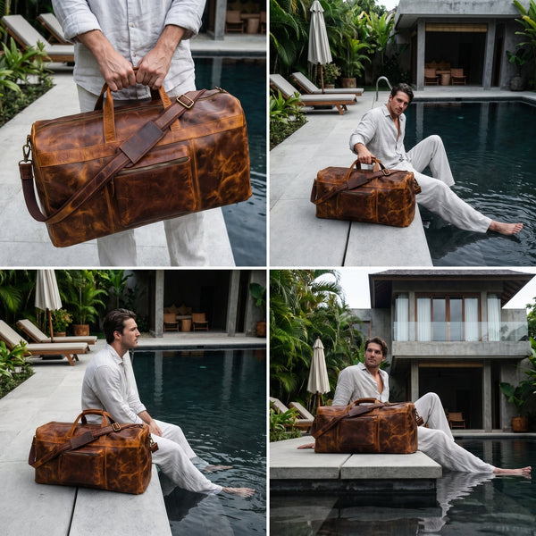 Vintage Crazy Horse Leather Duffle Bag for Travel & Weekender Trips | 23 Inch Full-Grain Leather Holdall - Aaron Leather Goods Inc
