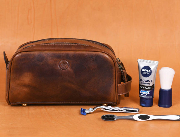 Omaha Leather Toiletry Bag - Hickory Brown - Aaron Leather Goods