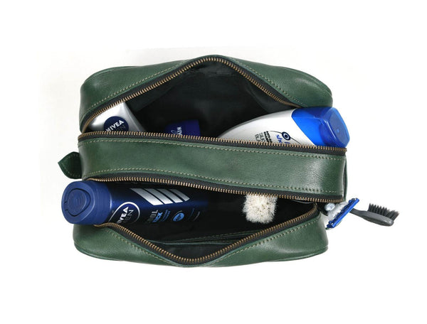 Tampa Leather Toiletry Bag - Fossil Green - Aaron Leather Goods