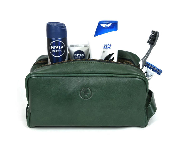 Tampa Leather Toiletry Bag - Fossil Green - Aaron Leather Goods