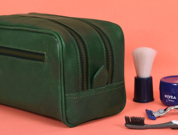 Tampa Leather Toiletry Bag - Fossil Green - Aaron Leather Goods
