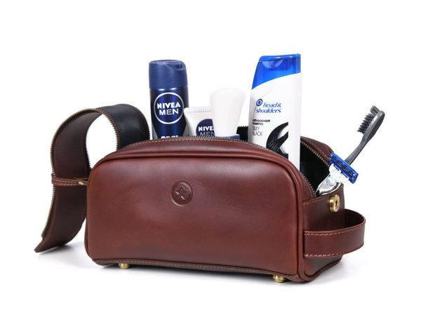 Omaha Leather Toiletry Bag - Pecan Brown - Aaron Leather Goods