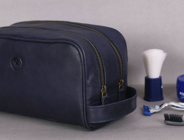 Tampa Leather Toiletry Bag - Navy Blue - Aaron Leather Goods