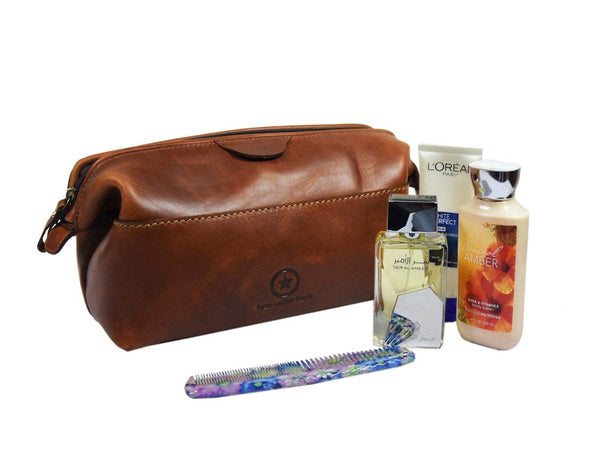 Normandy Leather Toiletry Bag - Caramel Brown - Aaron Leather Goods