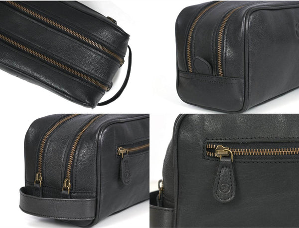 Tampa Leather Toiletry Bag - Raven Black - Aaron Leather Goods