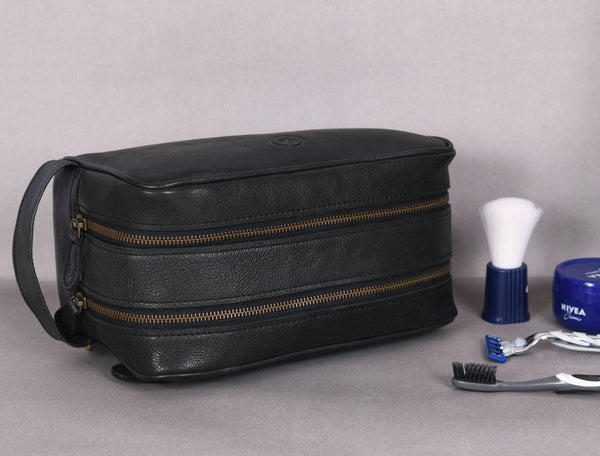 Tampa Leather Toiletry Bag - Raven Black - Aaron Leather Goods