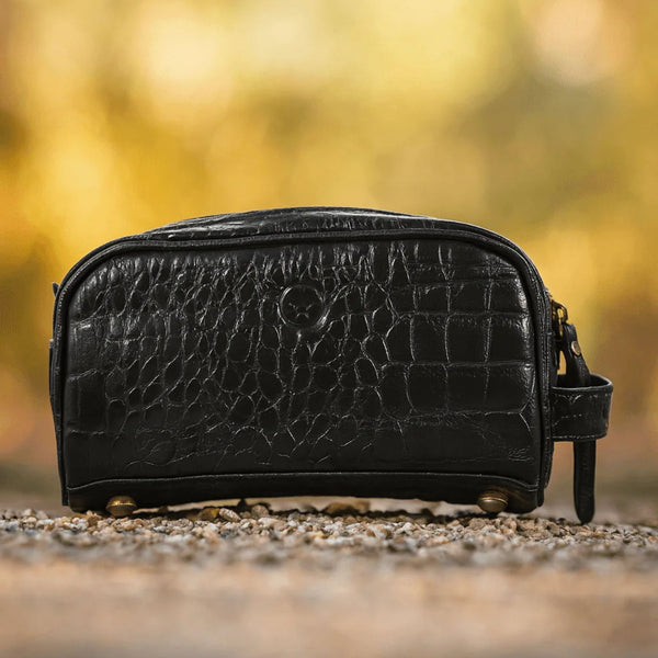 Aubrielle Leather Toiletry Bag - Black Croco - Aaron Leather Goods