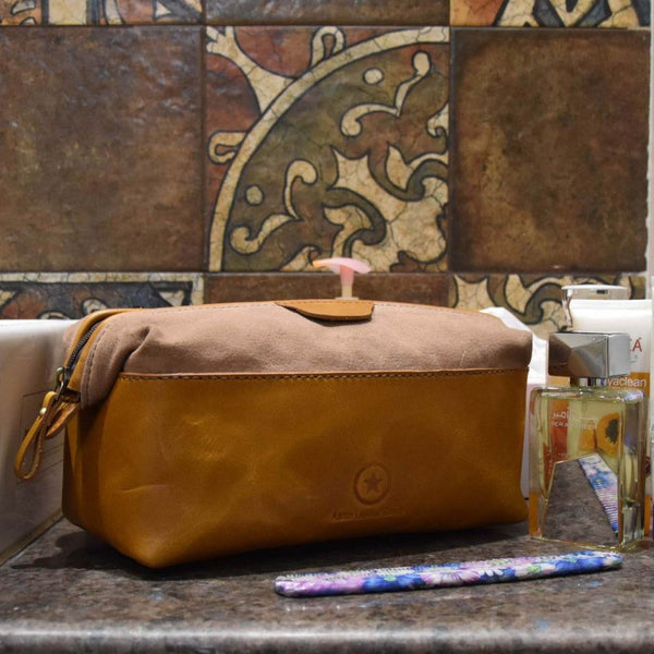 Valencia Canvas Leather Toiletry Bag - Caramel Brown - Aaron Leather Goods