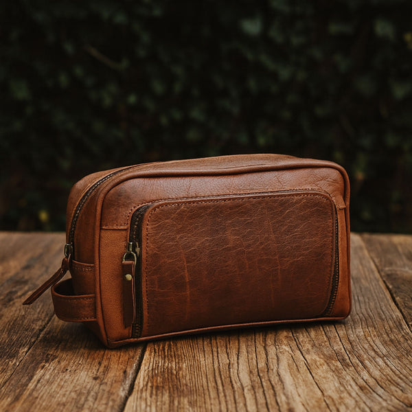 Barcelona Leather Toiletry Bag - Caramel Brown - Aaron Leather Goods