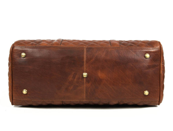 Spokane Diamond Stitched Leather Texture Weekender Bag - Shiny Brown - Aaron Leather Goods