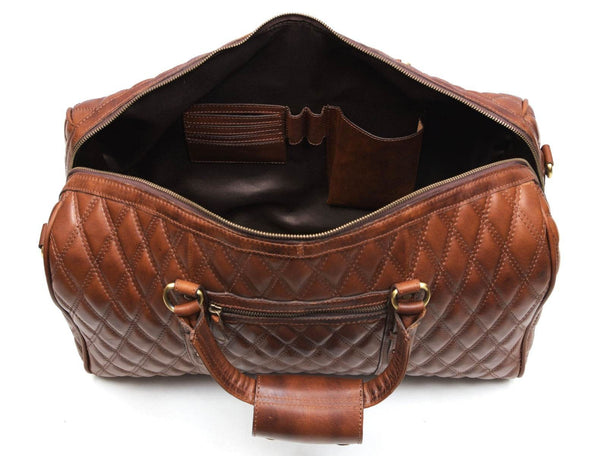 Spokane Diamond Stitched Leather Texture Weekender Bag - Shiny Brown - Aaron Leather Goods