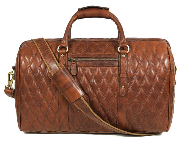 Spokane Diamond Stitched Leather Texture Weekender Bag - Shiny Brown - Aaron Leather Goods