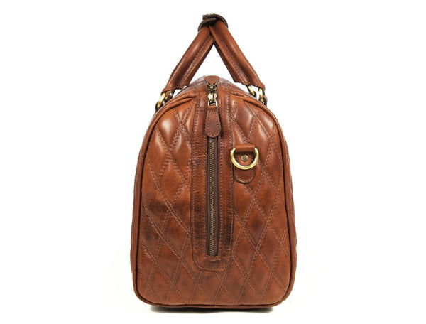 Spokane Diamond Stitched Leather Texture Weekender Bag - Shiny Brown - Aaron Leather Goods