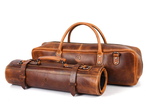 Tuscania Leather Knife Roll & Bag Combo - Caramel Brown - Aaron Leather Goods