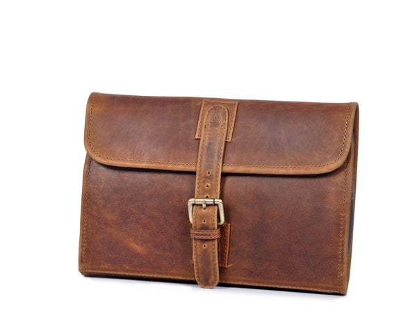 Vintage Brown Leather Toiletry Bag with Hook - Aaron Leather Goods