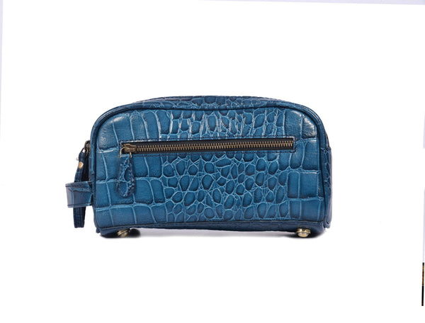 Aubrielle Leather Toiletry Bag - Blue Croco - Aaron Leather Goods