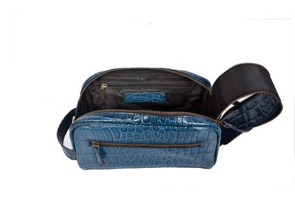 Aubrielle Leather Toiletry Bag - Blue Croco - Aaron Leather Goods