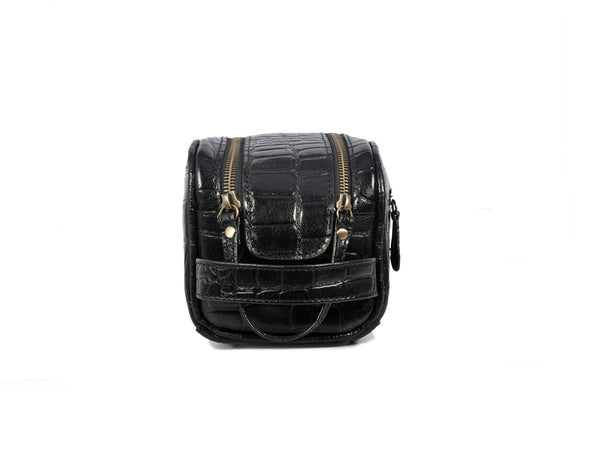 Aubrielle Leather Toiletry Bag - Black Croco - Aaron Leather Goods