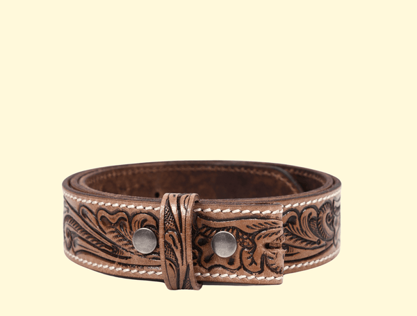 Zynkora Leather Tooled Belt - Brown - Aaron Leather Goods