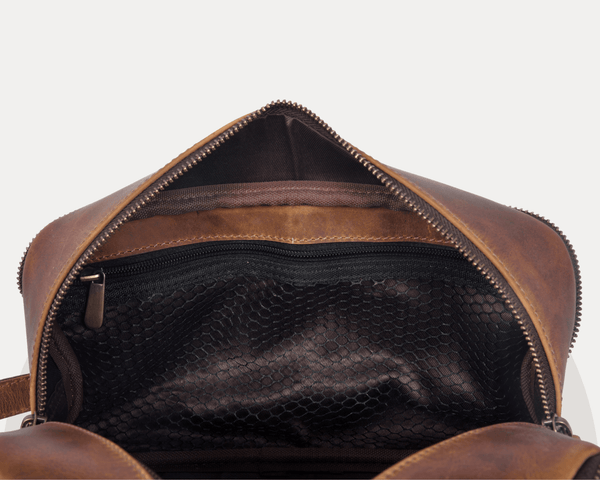 Vintage Brown Leather Dopp Kit – Dual Compartment - Aaron Leather Goods