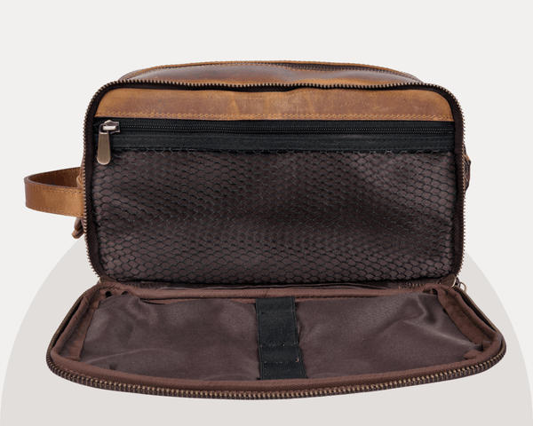 Vintage Brown Leather Dopp Kit – Dual Compartment - Aaron Leather Goods