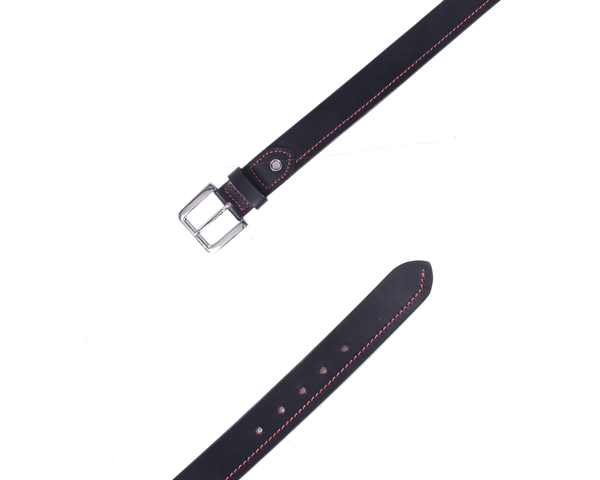Premium Black Leather Belt with Red Stitching & Silver Buckle - Aaron Leather Goods