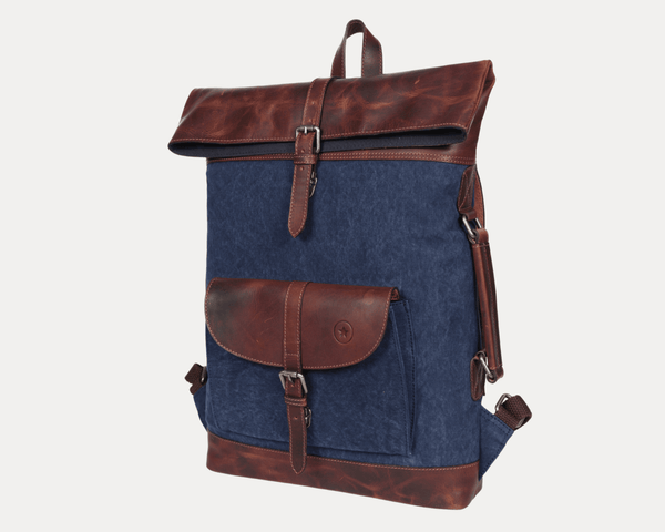 Vintage Blue Canvas & Leather Backpack - Aaron Leather Goods