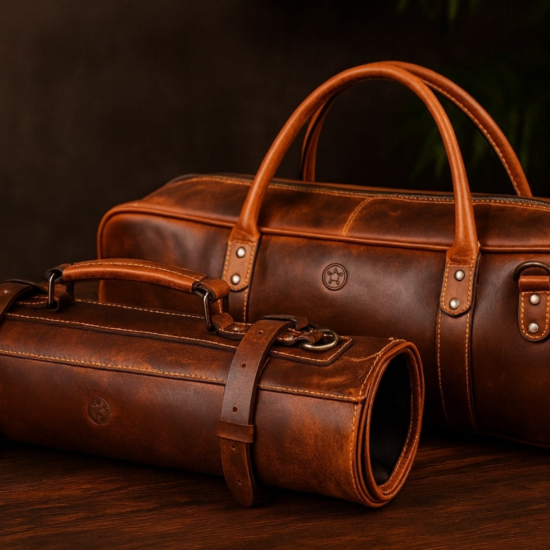 Two brown leather bags with handles on a dark background- Aaron Leather Goods 
