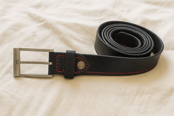 Premium Black Leather Belt with Red Stitching & Silver Buckle - Aaron Leather Goods