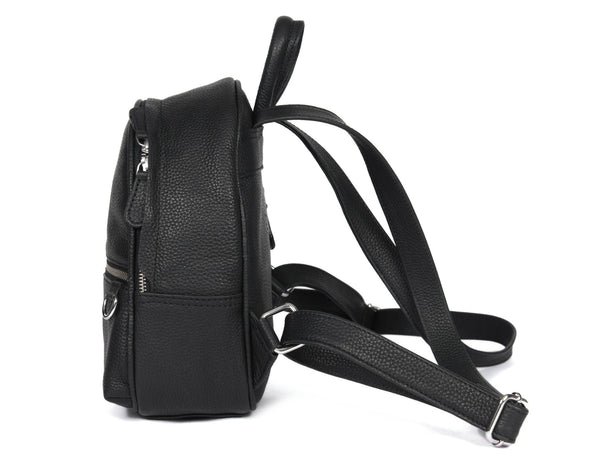 Stylish Black Leather Mini Backpack with Red & White Stripe – Compact Travel & Daily Bag - Aaron Leather Goods