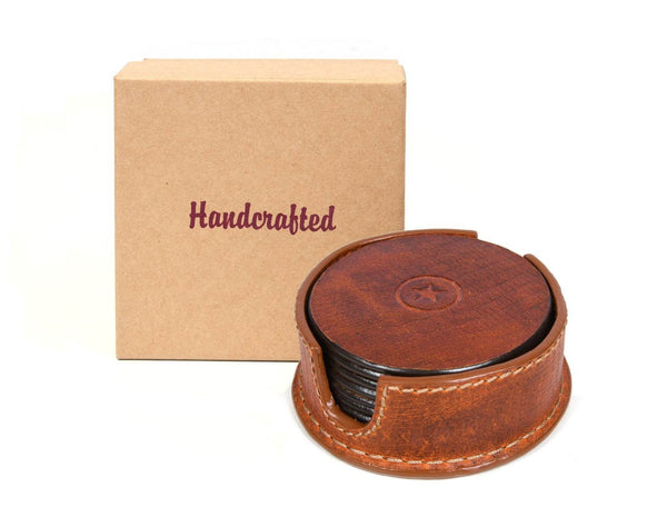 Cannes Leather Coaster - Pecan Brown - Aaron Leather Goods