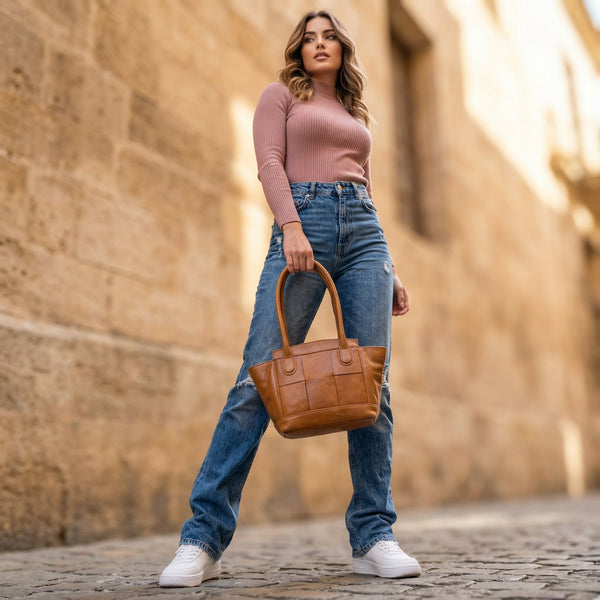 Ajo Leather Tote Bag - Caramel Brown - Aaron Leather Goods Inc