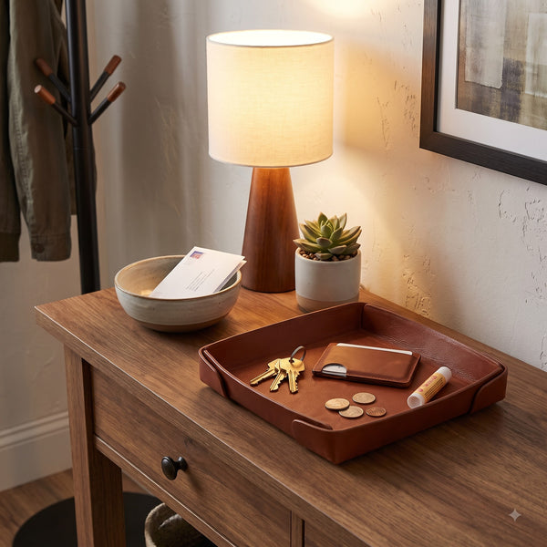 LuxeSnap Leather Square Tray- Tan