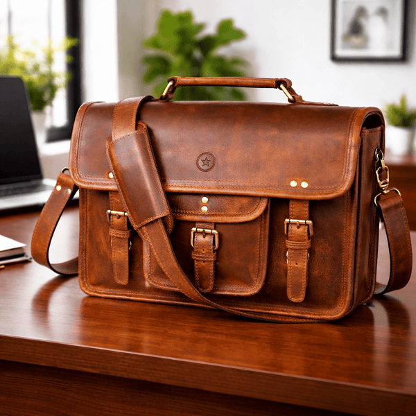 Ancona Leather Office Bag 15" - Caramel Brown - Aaron Leather Goods