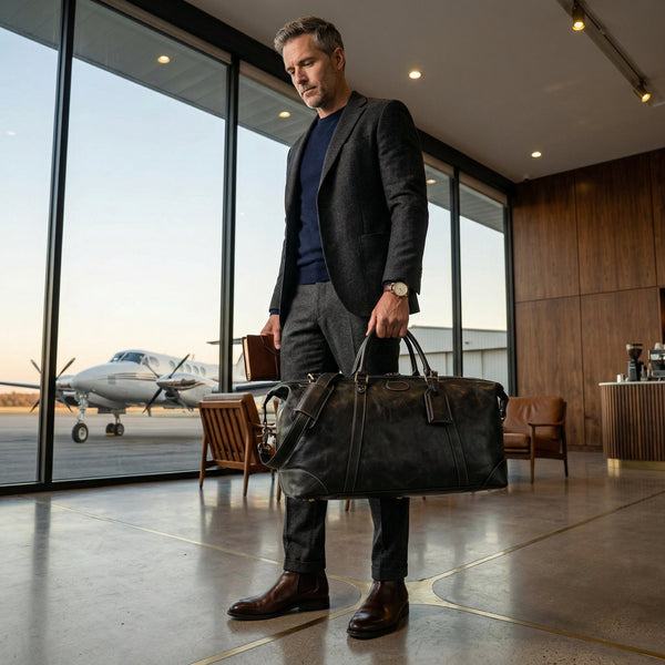 Black Distressed Leather Travel Duffle Bag - Aaron Leather Goods Inc