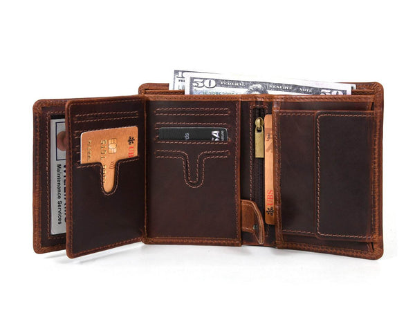 Fremont Leather Tri - fold Mens Wallet - Dark Brown - Aaron Leather Goods
