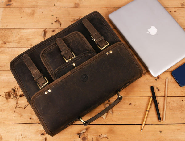 Ancona Leather Office Bag 15" - Brown - Aaron Leather Goods