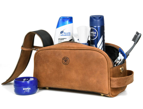 Omaha Leather Toiletry Bag - Tortilla Brown - Aaron Leather Goods