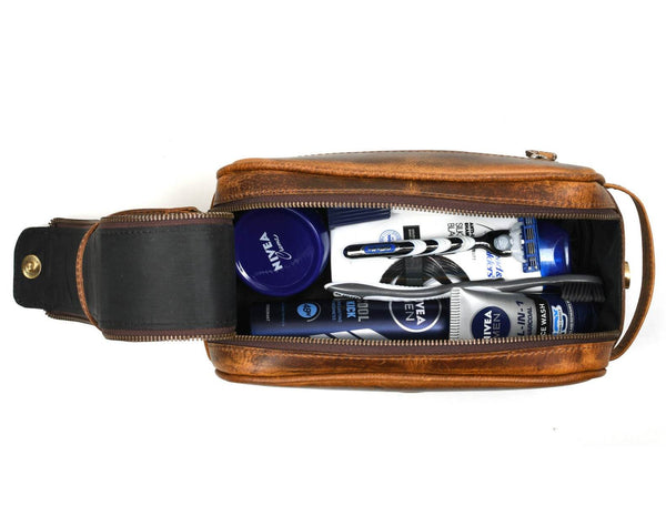 Omaha Leather Toiletry Bag - Penny Brown - Aaron Leather Goods
