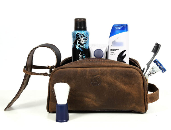 Omaha Leather Toiletry Bag - Brown - Aaron Leather Goods