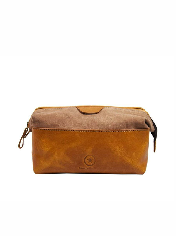 Valencia Canvas Leather Toiletry Bag - Caramel Brown - Aaron Leather Goods