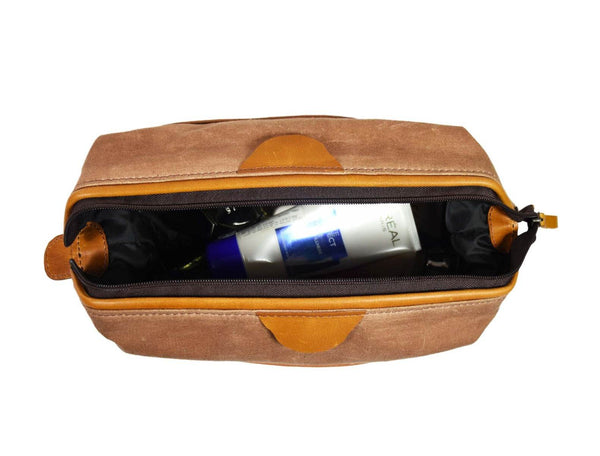 Valencia Canvas Leather Toiletry Bag - Caramel Brown - Aaron Leather Goods