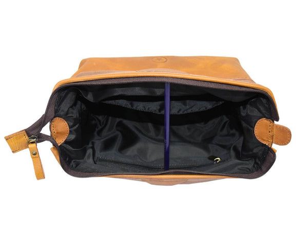 Valencia Canvas Leather Toiletry Bag - Caramel Brown - Aaron Leather Goods